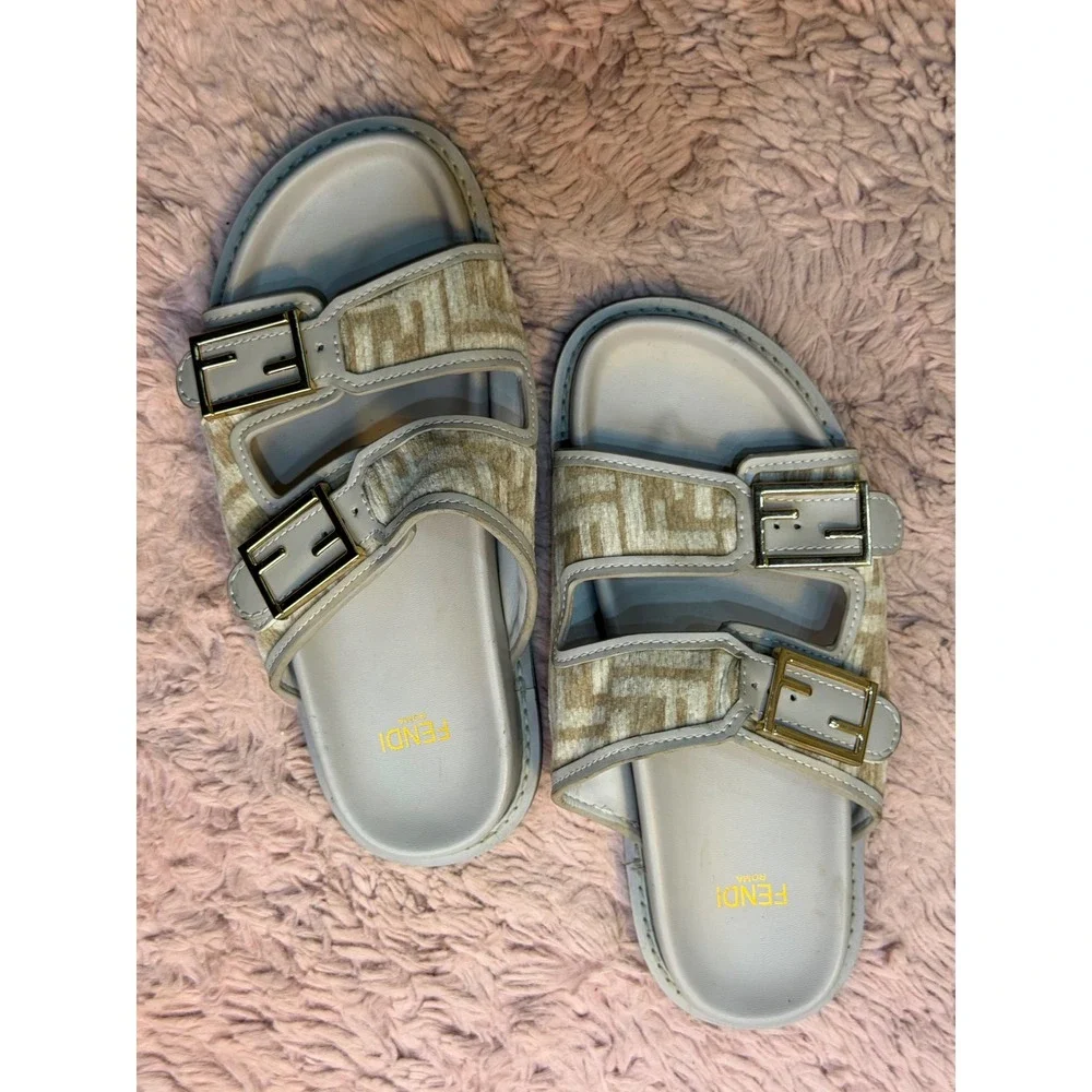 Fendi Feel FF Monogram Tapestry Slide Sandals Grey Beige Gold Buckle Size 39 - Picture 2 of 7